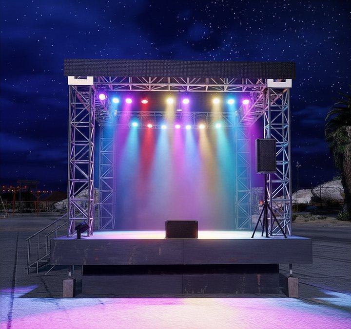 Small package — turnkey outdoor stage with truss-mounted lighting